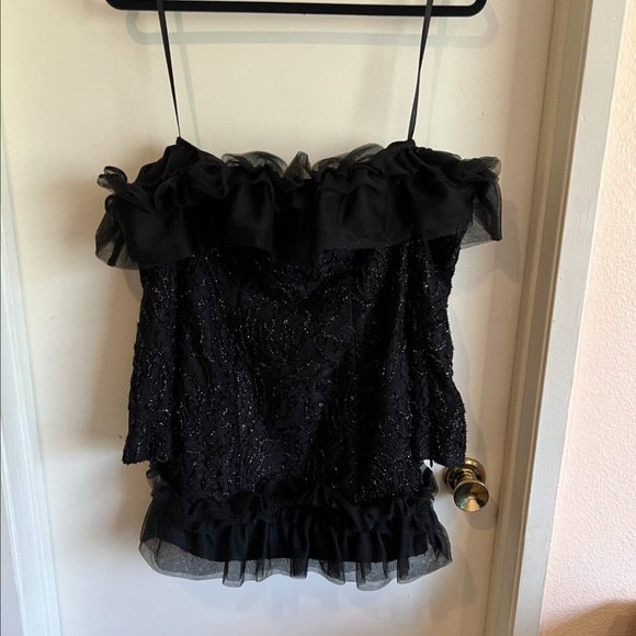 NWT Camila Coelho Suzette Off Shoulder Mini Dress Size XS Black Tulle Ruffle - Picture 2 of 12